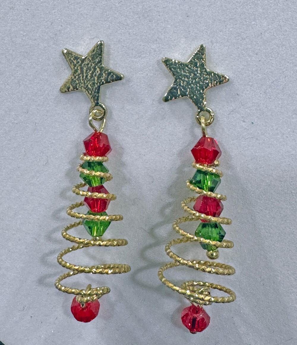 Gold Star Top Christmas Tree Spiral Dangle Earrings • New  E208